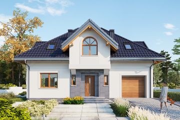 Projekt domu Opus (1233) - parterowy z poddaszem dom o powierzchni 138,50 m², dach kopertowy, koszt budowy 369 000 zł - ujęcie frontu