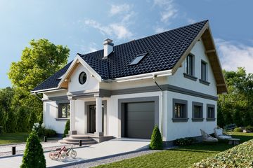 Projekt domu Skarbek (1231) - parterowy z poddaszem dom o powierzchni 118,30 m², dach dwuspadowy, koszt budowy 316 000 zł - ujęcie frontu