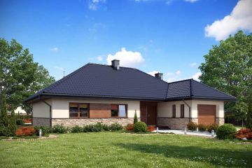Projekt domu TK37 - parterowy dom o powierzchni 141,97 m², dach kopertowy, koszt budowy 401 000 zł - ujęcie frontu