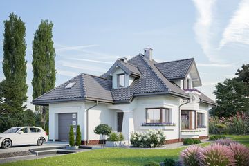 Projekt domu Hortensja Polo (1250) - parterowy z poddaszem dom o powierzchni 134,40 m², dach kopertowy, koszt budowy 363 000 zł - ujęcie frontu