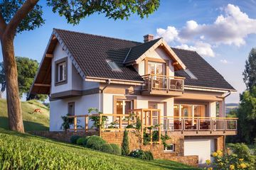 Projekt domu Widokówka Stok (1237) - parterowy z poddaszem dom o powierzchni 135,20 m², dach dwuspadowy, koszt budowy 375 000 zł - ujęcie frontu