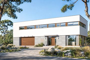 Projekt domu Vertigo - z pełnym piętrem dom o powierzchni 309,43 m², dach płaski, koszt budowy 932 000 zł - ujęcie frontu