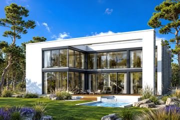 Projekt domu Villa Nova - z pełnym piętrem dom o powierzchni 374,23 m², dach płaski, koszt budowy 1 433 000 zł - ujęcie frontu
