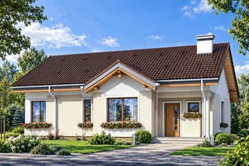 Projekt domu Cypisek 2 - parterowy dom o powierzchni 79,66 m², dach dwuspadowy, koszt budowy 221 000 zł - ujęcie frontu