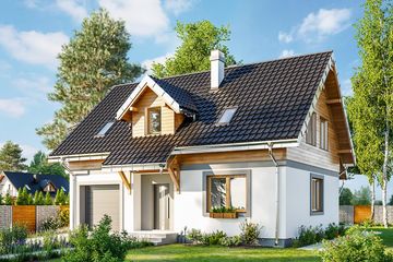Projekt domu Ptyś (1201) - parterowy z poddaszem dom o powierzchni 105,90 m², dach dwuspadowy, koszt budowy 281 000 zł - ujęcie frontu
