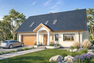 Projekt domu Sidney 1b - parterowy z poddaszem dom o powierzchni 148,10 m², dach dwuspadowy, koszt budowy 396 000 zł - ujęcie frontu
