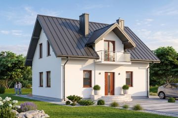 Projekt domu Dominik - parterowy z poddaszem dom o powierzchni 129,36 m², dach dwuspadowy, koszt budowy 330 000 zł - ujęcie frontu