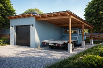 Projekt garażu G82 - Budynek garażowy z wiatą - parterowy dom o powierzchni 19,43 m², dach jednospadowy - ujęcie frontu