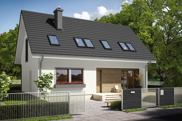 Projekt domu E2 (wersja B) economic - parterowy z poddaszem dom o powierzchni 105,77 m², dach dwuspadowy, koszt budowy 278 000 zł - ujęcie frontu
