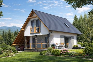 Projekt domu L-12 Dom malarska - murowany - parterowy z poddaszem dom o powierzchni 66,10 m², dach dwuspadowy, koszt budowy 174 000 zł - ujęcie frontu