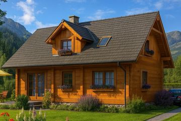 Projekt domu L-29 Dom kwiatowa - z bali - parterowy z poddaszem dom o powierzchni 97,50 m², dach dwuspadowy - ujęcie frontu