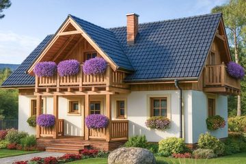 Projekt domu L-30 Dom ludowa - szkieletowy - parterowy z poddaszem dom o powierzchni 96,40 m², dach dwuspadowy, koszt budowy 231 360 zł - ujęcie frontu