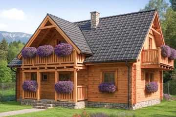 Projekt domu L-30 Dom ludowa - z bali - parterowy z poddaszem dom o powierzchni 93,90 m², dach dwuspadowy, koszt budowy 141 600 zł - ujęcie frontu
