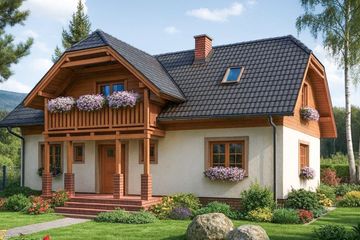 Projekt domu L-31 Dom litewska - szkieletowy - parterowy z poddaszem dom o powierzchni 155,50 m², dach naczółkowy, koszt budowy 373 200 zł - ujęcie frontu