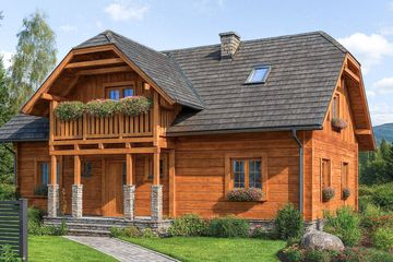 Projekt domu L-31 Dom litewska - z bali - parterowy z poddaszem dom o powierzchni 151,70 m², dach naczółkowy, koszt budowy 424 760 zł - ujęcie frontu