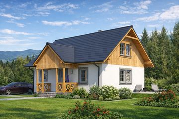 Projekt domu L-32 Dom ceglana - szkieletowy - parterowy z poddaszem dom o powierzchni 89,60 m², dach dwuspadowy, koszt budowy 215 040 zł - ujęcie frontu