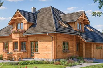 Projekt domu A-107 Dom krucza - z bali - parterowy z poddaszem dom o powierzchni 167,90 m², dach kopertowy, koszt budowy 564 760 zł - ujęcie frontu