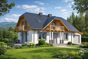 Projekt domu L-34 Dom żwirowa - murowany - parterowy z poddaszem dom o powierzchni 102,10 m², dach naczółkowy, koszt budowy 276 000 zł - ujęcie frontu