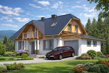 Projekt domu L-34 Dom żwirowa - szkieletowy - parterowy z poddaszem dom o powierzchni 108,30 m², dach naczółkowy, koszt budowy 303 120 zł - ujęcie frontu