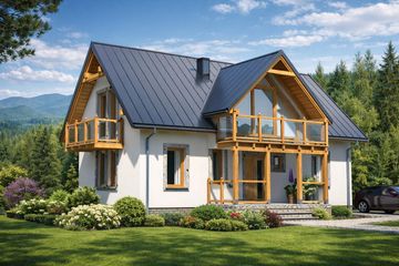 Projekt domu L-35 Dom różana - murowany - parterowy z poddaszem dom o powierzchni 93,40 m², dach dwuspadowy, koszt budowy 242 000 zł - ujęcie frontu