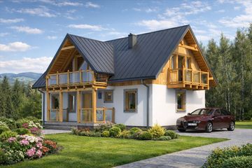 Projekt domu L-35 Dom różana - szkieletowy - parterowy z poddaszem dom o powierzchni 99 m², dach dwuspadowy, koszt budowy 237 600 zł - ujęcie frontu