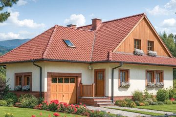 Projekt domu L-40 Dom wiślana - szkieletowy - parterowy z poddaszem dom o powierzchni 123,50 m², dach dwuspadowy, koszt budowy 336 720 zł - ujęcie frontu