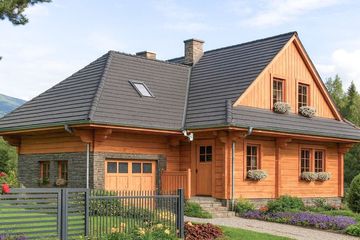 Projekt domu L-40 Dom wiślana - z bali - parterowy z poddaszem dom o powierzchni 120,30 m², dach dwuspadowy, koszt budowy 383 880 zł - ujęcie frontu