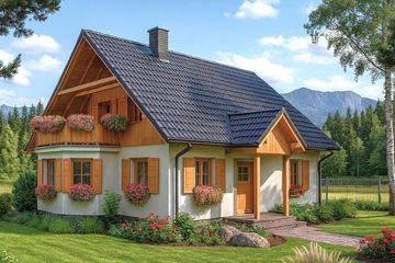 Projekt domu L-46 Dom hiacyntowa - murowany - parterowy z poddaszem dom o powierzchni 149,90 m², dach dwuspadowy, koszt budowy 409 000 zł - ujęcie frontu