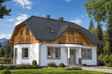 Projekt domu L-50 Dom zielona murowany - parterowy z poddaszem dom o powierzchni 139,30 m², dach naczółkowy, koszt budowy 376 000 zł - ujęcie frontu