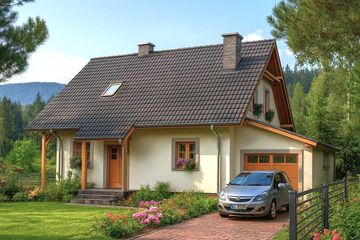 Projekt domu L-53 Dom leśna - murowany - parterowy z poddaszem dom o powierzchni 115,90 m², dach dwuspadowy, koszt budowy 334 000 zł - ujęcie frontu