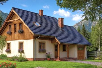 Projekt domu L-55 Dom bliska - murowany - parterowy z poddaszem dom o powierzchni 89,50 m², dach dwuspadowy, koszt budowy 240 000 zł - ujęcie frontu