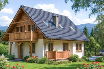 Projekt domu L-59 Dom malinowa - szkieletowy - parterowy z poddaszem dom o powierzchni 122,90 m², dach dwuspadowy, koszt budowy 294 960 zł - ujęcie frontu
