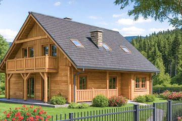 Projekt domu L-59 Dom malinowa - z bali - parterowy z poddaszem dom o powierzchni 119,50 m², dach dwuspadowy, koszt budowy 334 600 zł - ujęcie frontu