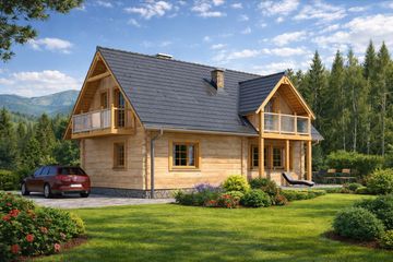 Projekt domu L-60 Dom letnia - z bali - parterowy z poddaszem dom o powierzchni 81,20 m², dach dwuspadowy - ujęcie 2