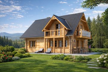 Projekt domu L-60 Dom letnia - z bali - parterowy z poddaszem dom o powierzchni 81,20 m², dach dwuspadowy, koszt budowy 227 360 zł - ujęcie frontu