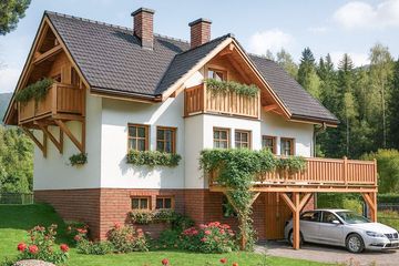 Projekt domu L-71 Dom rolna - szkieletowy - parterowy z poddaszem dom o powierzchni 121,70 m², dach dwuspadowy - ujęcie frontu