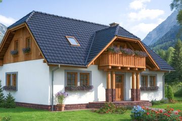 Projekt domu L-72 Dom wiosenna - szkieletowy - parterowy z poddaszem dom o powierzchni 137 m², dach naczółkowy, koszt budowy 328 800 zł - ujęcie frontu