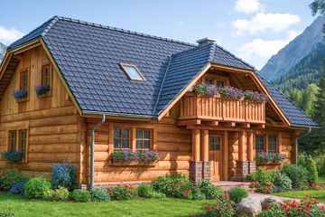 Projekt domu L-72 Dom wiosenna z bali - parterowy z poddaszem dom o powierzchni 133,70 m², dach naczółkowy, koszt budowy 374 360 zł - ujęcie frontu