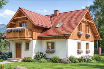 Projekt domu L-73 Dom wierzbowa - szkieletowy - parterowy z poddaszem dom o powierzchni 126,10 m², dach dwuspadowy, koszt budowy 302 640 zł - ujęcie frontu