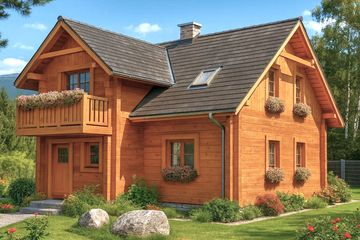 Projekt domu L-73 Dom wierzbowa - z bali - parterowy z poddaszem dom o powierzchni 122,80 m², dach dwuspadowy, koszt budowy 343 840 zł - ujęcie frontu