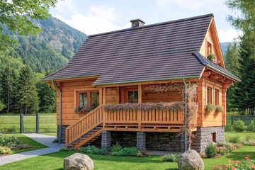 Projekt domu L-74 Dom miejska - z bali - parterowy z poddaszem dom o powierzchni 52 m², dach dwuspadowy, koszt budowy 145 600 zł - ujęcie frontu