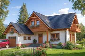 Projekt domu L-77 Dom grzybowa - szkieletowy - parterowy z poddaszem dom o powierzchni 125,30 m², dach wielospadowy, koszt budowy 346 080 zł - ujęcie frontu