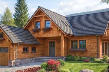 Projekt domu L-77 Dom grzybowa - z bali - parterowy z poddaszem dom o powierzchni 121,20 m², dach czterospadowy, koszt budowy 392 280 zł - ujęcie frontu