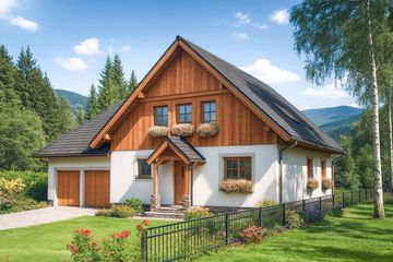 Projekt domu L-78 Dom lisia - szkieletowy - parterowy z poddaszem dom o powierzchni 168,10 m², dach dwuspadowy - ujęcie frontu