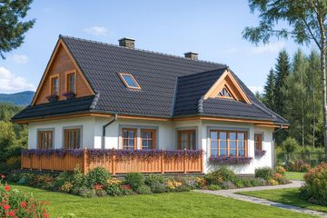 Projekt domu L-79 Dom kolejowa - szkieletowy - parterowy z poddaszem dom o powierzchni 148,90 m², dach dwuspadowy, koszt budowy 357 360 zł - ujęcie frontu