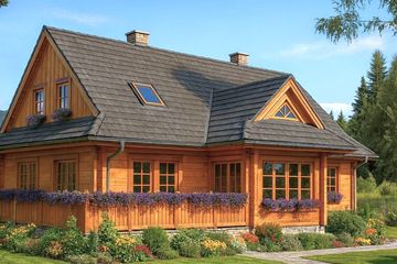 Projekt domu L-79 Dom kolejowa - z bali - parterowy z poddaszem dom o powierzchni 148 m², dach dwuspadowy, koszt budowy 414 400 zł - ujęcie frontu