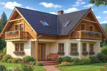 Projekt domu L-41 Dom rogowa - szkieletowy - parterowy z poddaszem dom o powierzchni 128 m², dach czterospadowy, koszt budowy 307 200 zł - ujęcie frontu