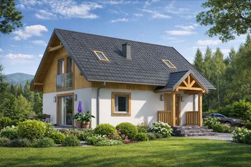 Projekt domu L-82 Dom szkieletowy - parterowy z poddaszem dom o powierzchni 86,80 m², dach dwuspadowy, koszt budowy 206 400 zł - ujęcie frontu