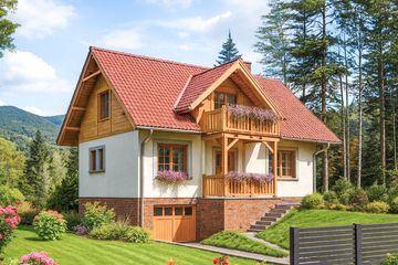 Projekt domu L-85 Dom jasna - szkieletowy - parterowy z poddaszem dom o powierzchni 118,60 m², dach dwuspadowy, koszt budowy 336 000 zł - ujęcie frontu