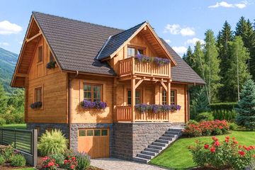 Projekt domu L-85 Dom jasna - z bali - parterowy z poddaszem dom o powierzchni 115,40 m², dach dwuspadowy, koszt budowy 383 040 zł - ujęcie frontu